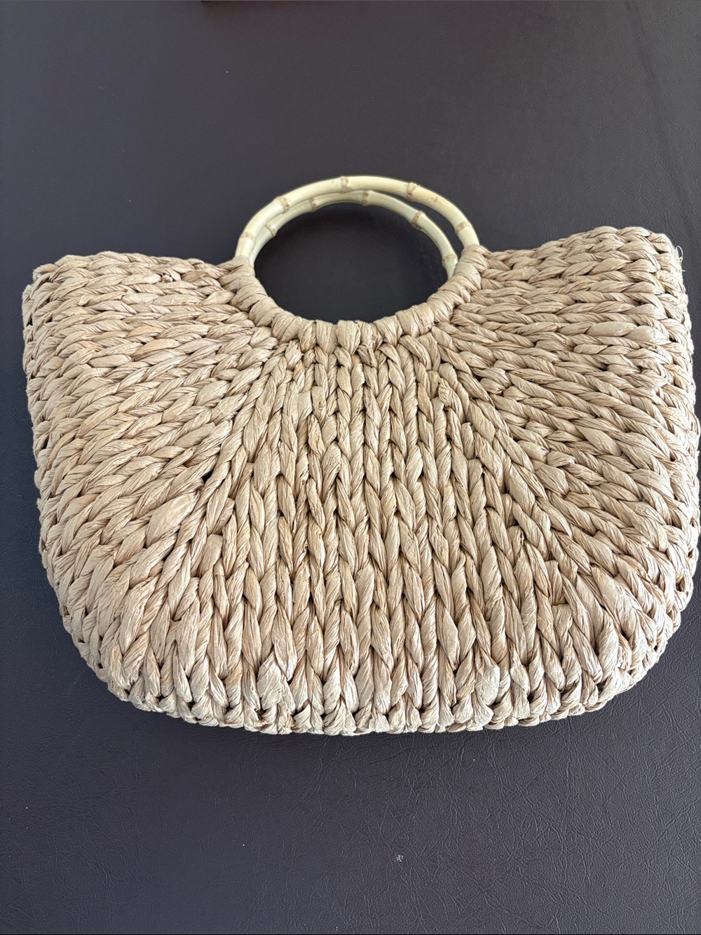 Woven Straw Handbag with Bamboo Handles - Natural